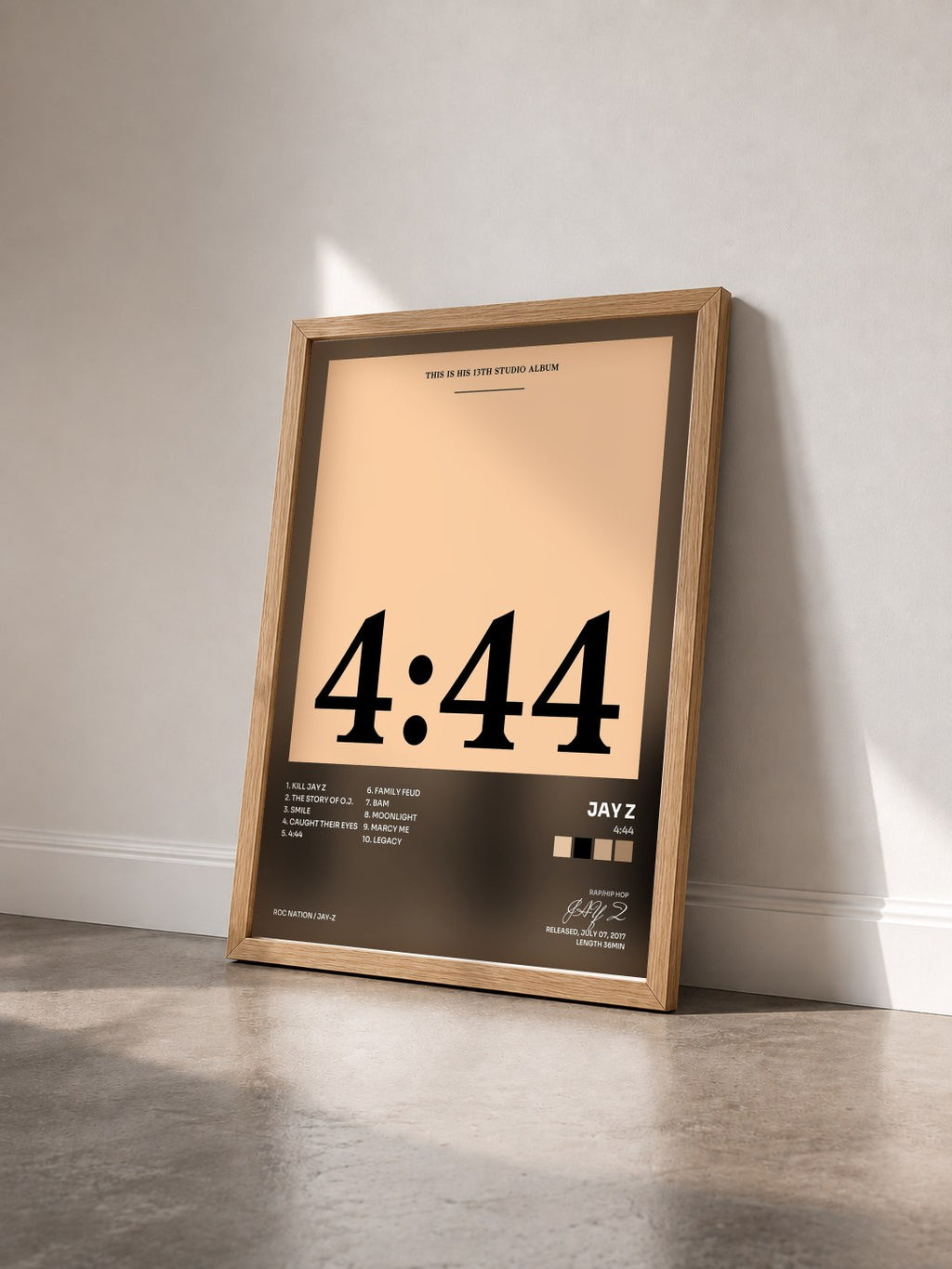 #bois Tableau de l'album 4:44 de JAY Z vu de trois quarts, cadre en bois brut
