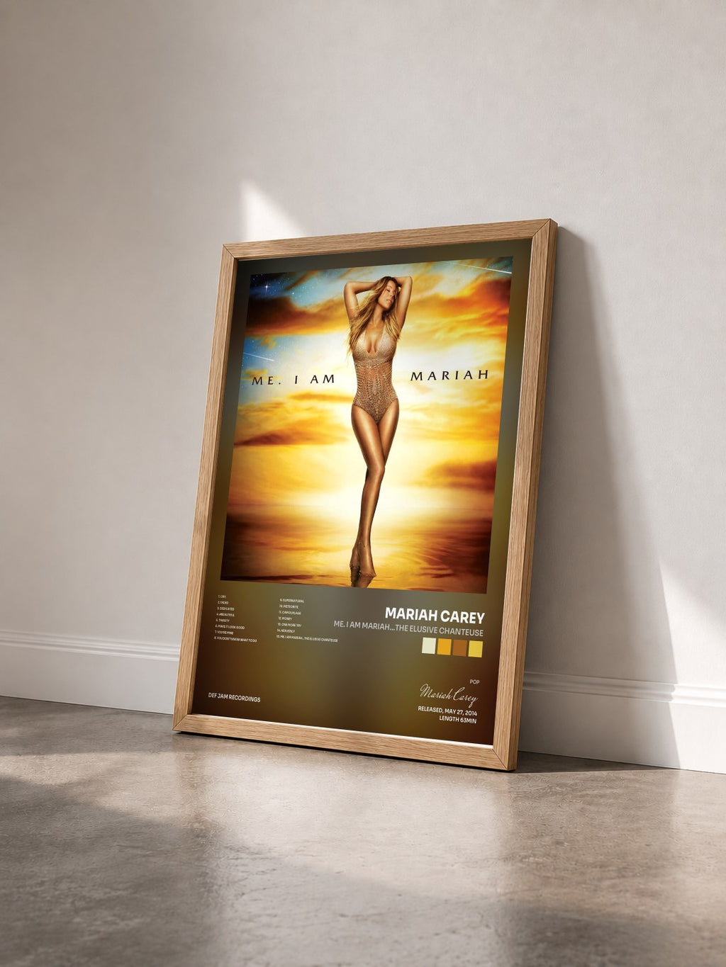 #bois Tableau de l'album Me. I Am Mariah…The Elusive Chanteuse de Mariah Carey vu de trois quarts, cadre en bois brut