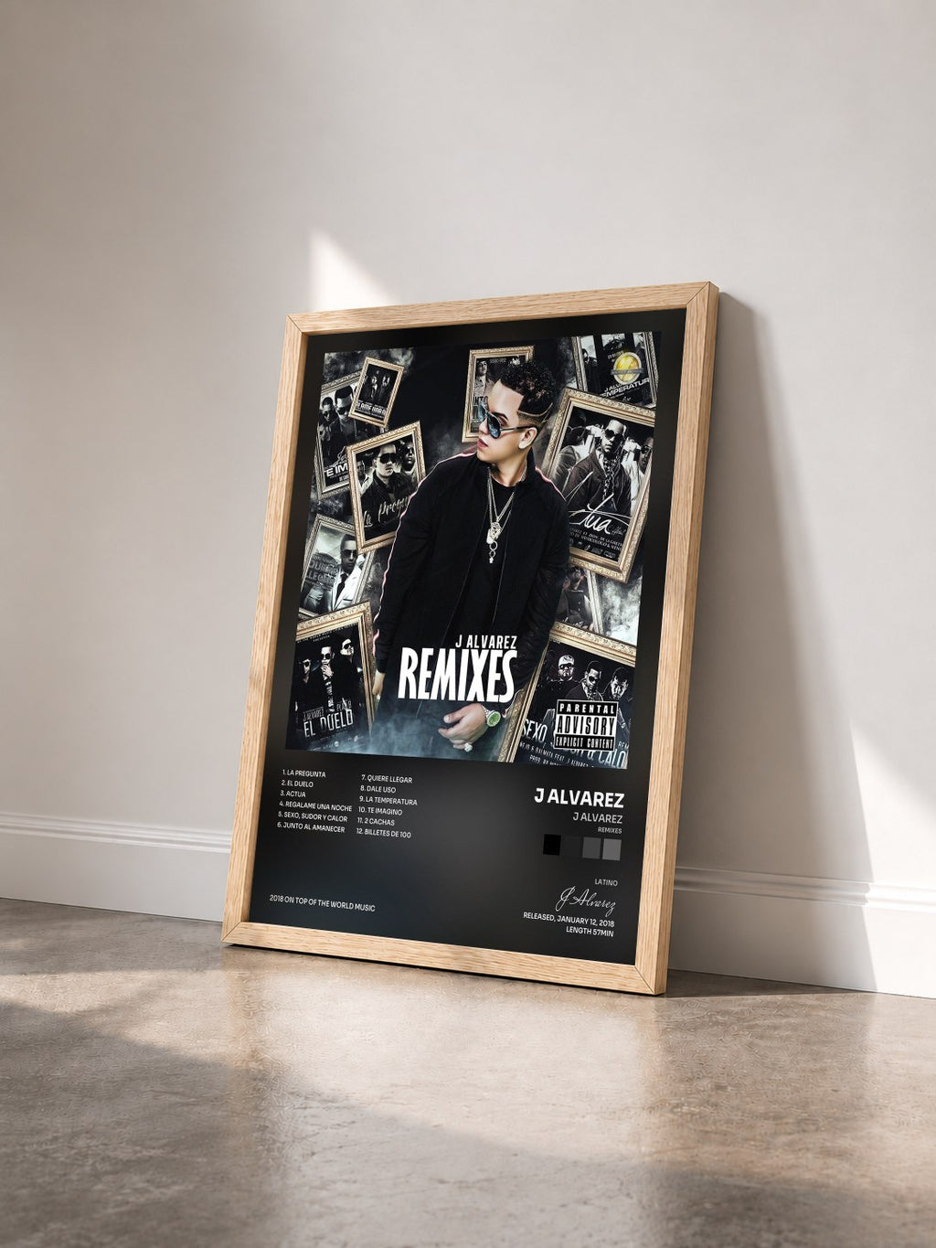 #bois Tableau de l'album J Alvarez (Remixes) de J Alvarez vu de trois quarts, cadre en bois brut