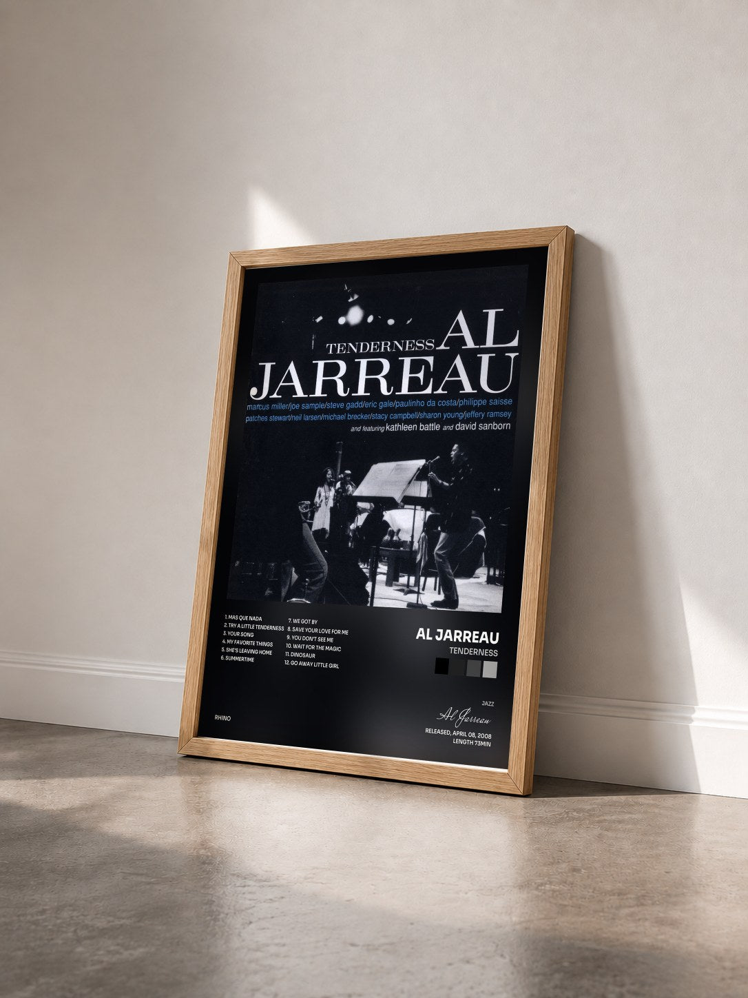 #bois Tableau de l'album Tenderness de Al Jarreau vu de trois quarts, cadre en bois brut