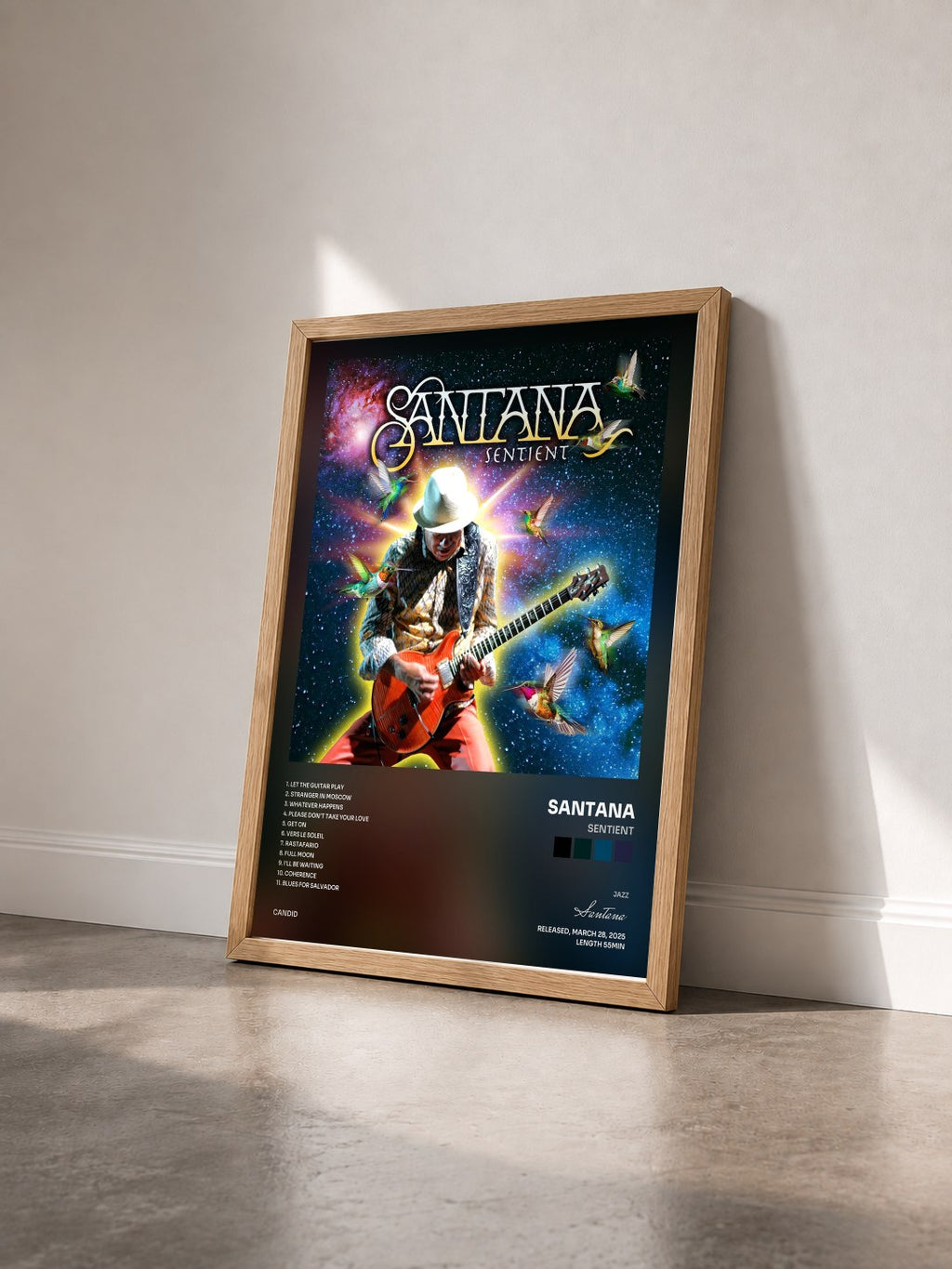 #bois Tableau de l'album Sentient de Santana vu de trois quarts, cadre en bois brut