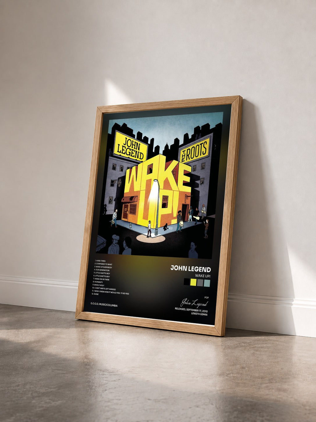 #bois Tableau de l'album Wake Up! de John Legend vu de trois quarts, cadre en bois brut