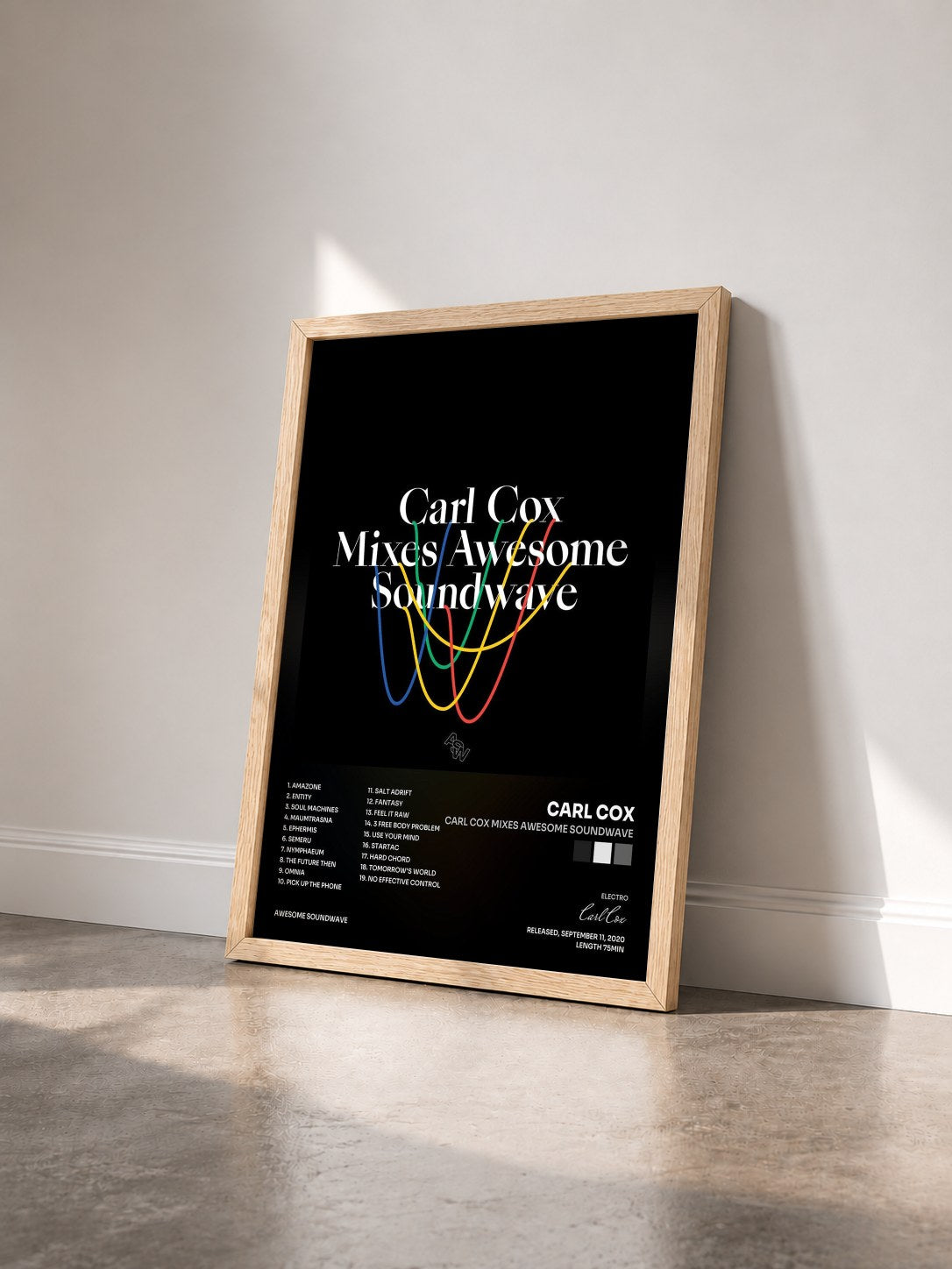 #bois Tableau de l'album Carl Cox Mixes Awesome Soundwave de Carl Cox vu de trois quarts, cadre en bois brut