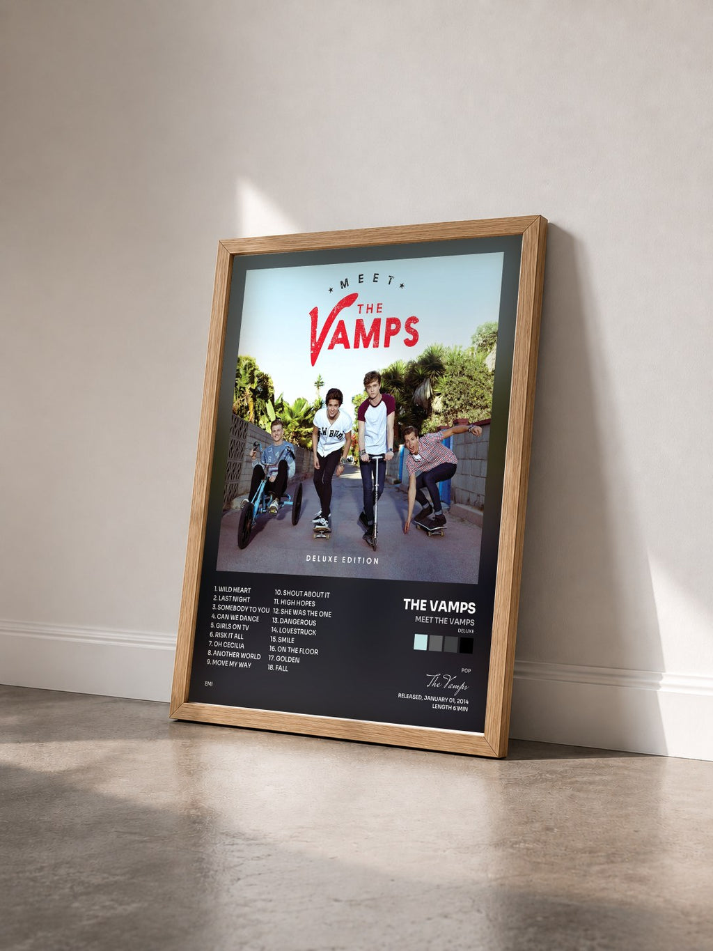 #bois Tableau de l'album Meet The Vamps (Deluxe) de The Vamps vu de trois quarts, cadre en bois brut