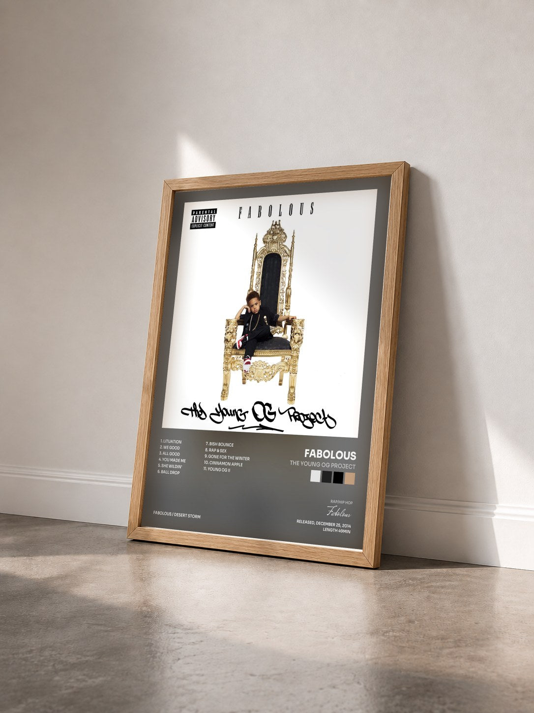 #bois Tableau de l'album The Young OG Project de Fabolous vu de trois quarts, cadre en bois brut
