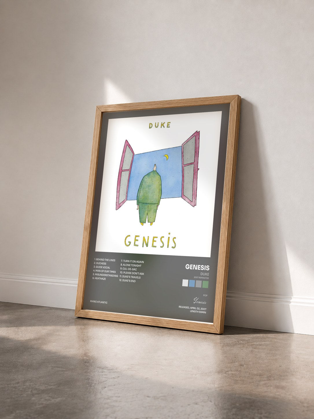 #bois Tableau de l'album Duke (2007 Remaster) de Genesis vu de trois quarts, cadre en bois brut
