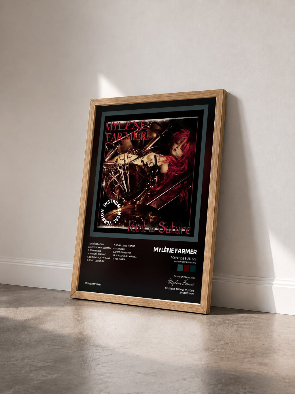 #bois Tableau de l'album Point de suture (Instrumental Version) de Mylène Farmer vu de trois quarts, cadre en bois brut