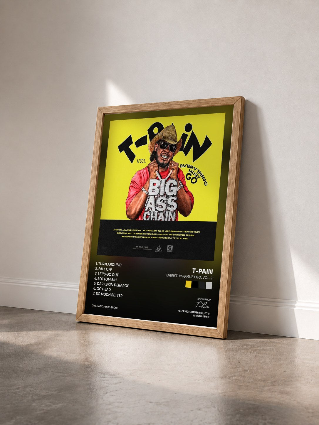 #bois Tableau de l'album Everything Must Go, Vol. 2 de T-Pain vu de trois quarts, cadre en bois brut