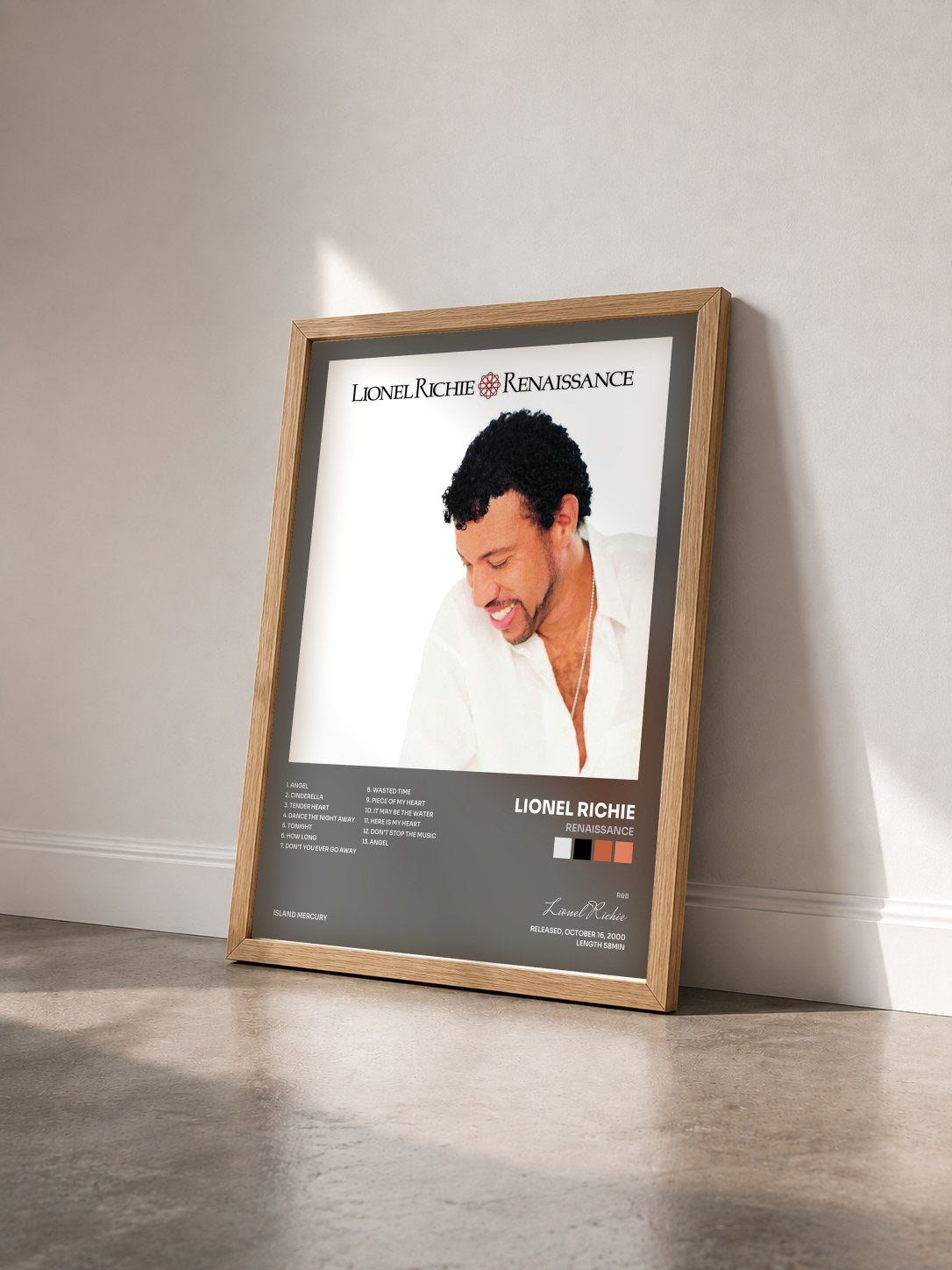#bois Tableau de l'album Renaissance de Lionel Richie vu de trois quarts, cadre en bois brut