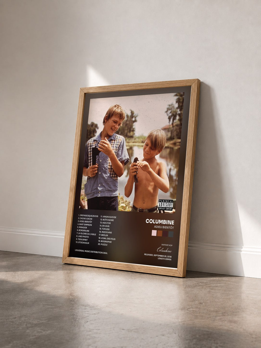#bois Tableau de l'album Adieu bientôt de Columbine vu de trois quarts, cadre en bois brut