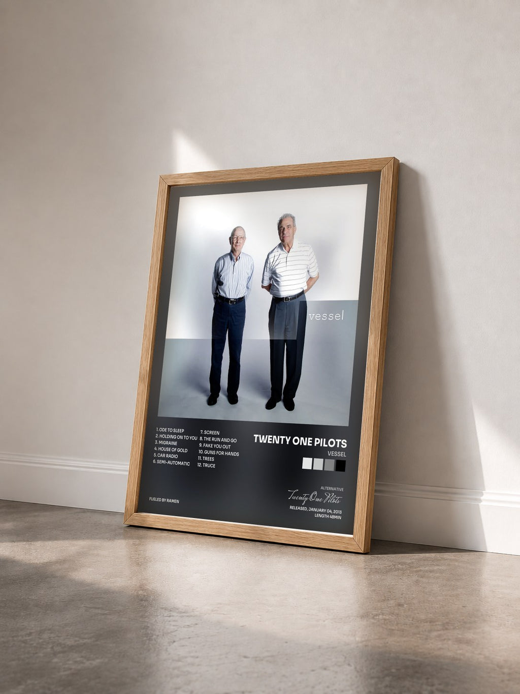 #bois Tableau de l'album Vessel de Twenty One Pilots vu de trois quarts, cadre en bois brut
