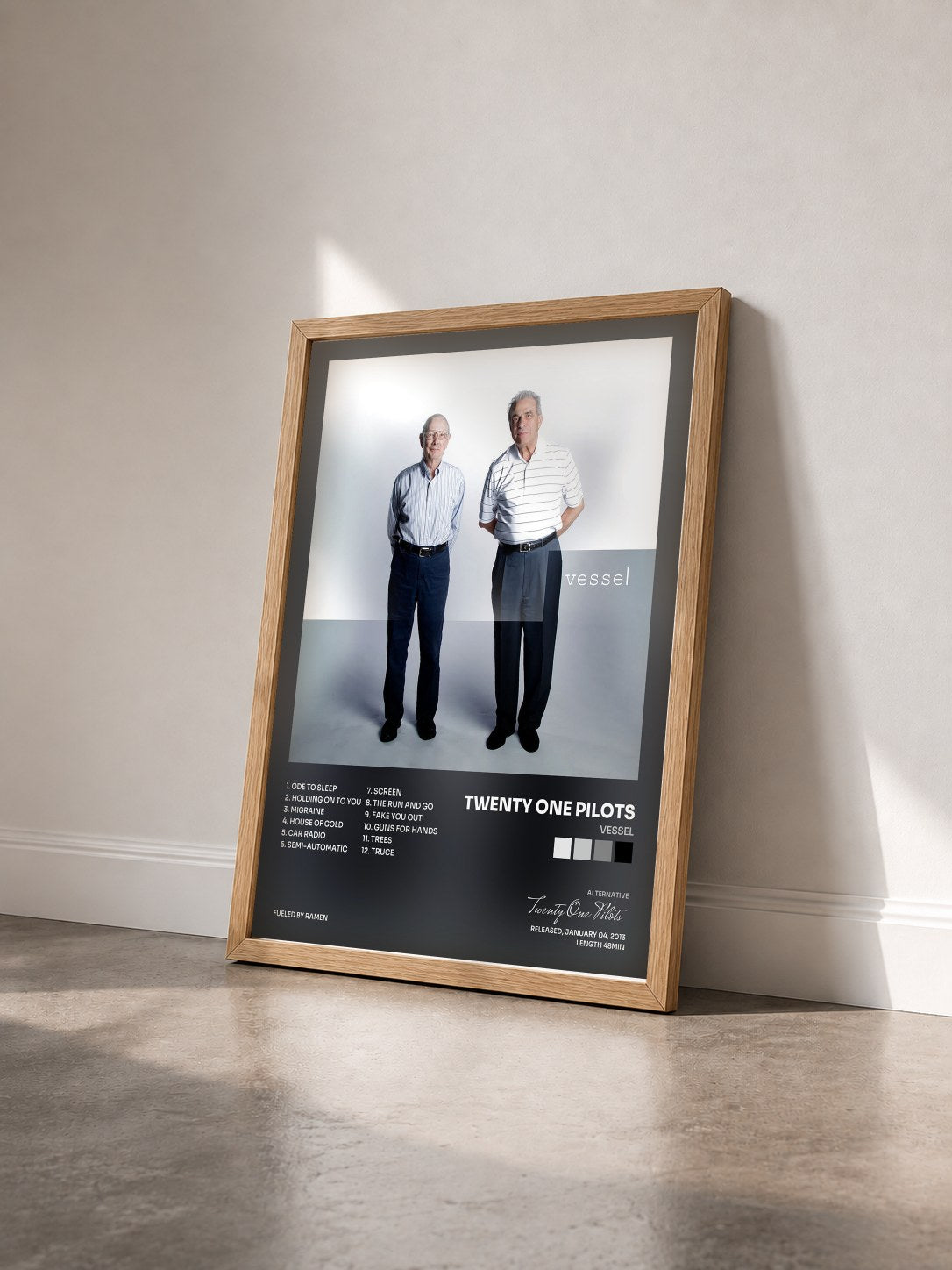 #bois Tableau de l'album Vessel de Twenty One Pilots vu de trois quarts, cadre en bois brut