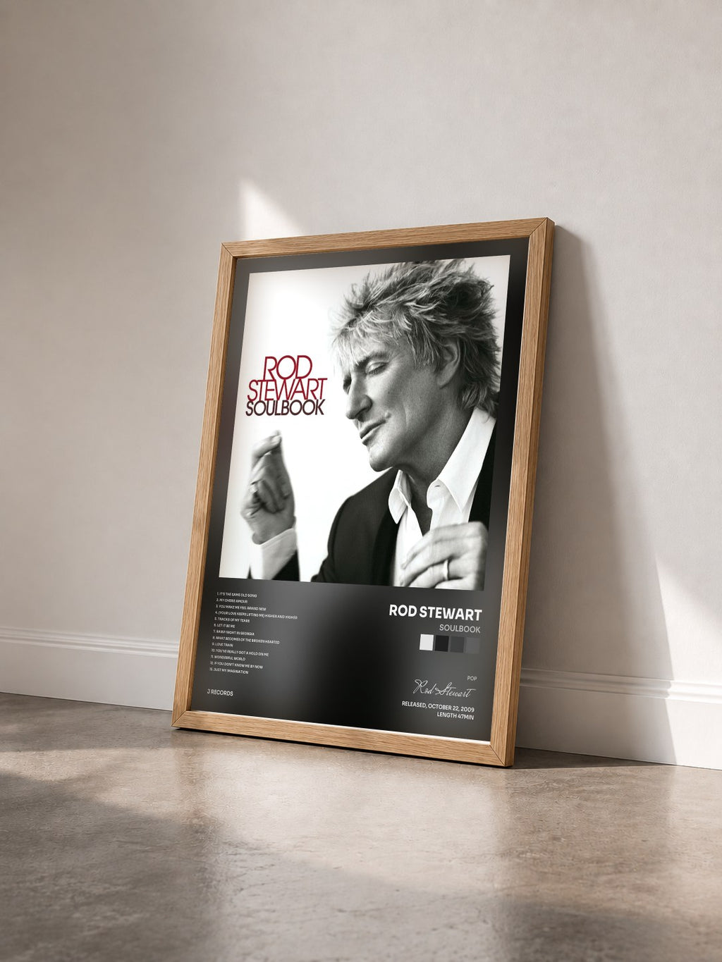 #bois Tableau de l'album Soulbook de Rod Stewart vu de trois quarts, cadre en bois brut