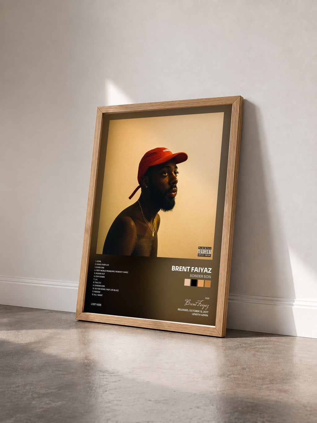 #bois Tableau de l'album Sonder Son de Brent Faiyaz vu de trois quarts, cadre en bois brut