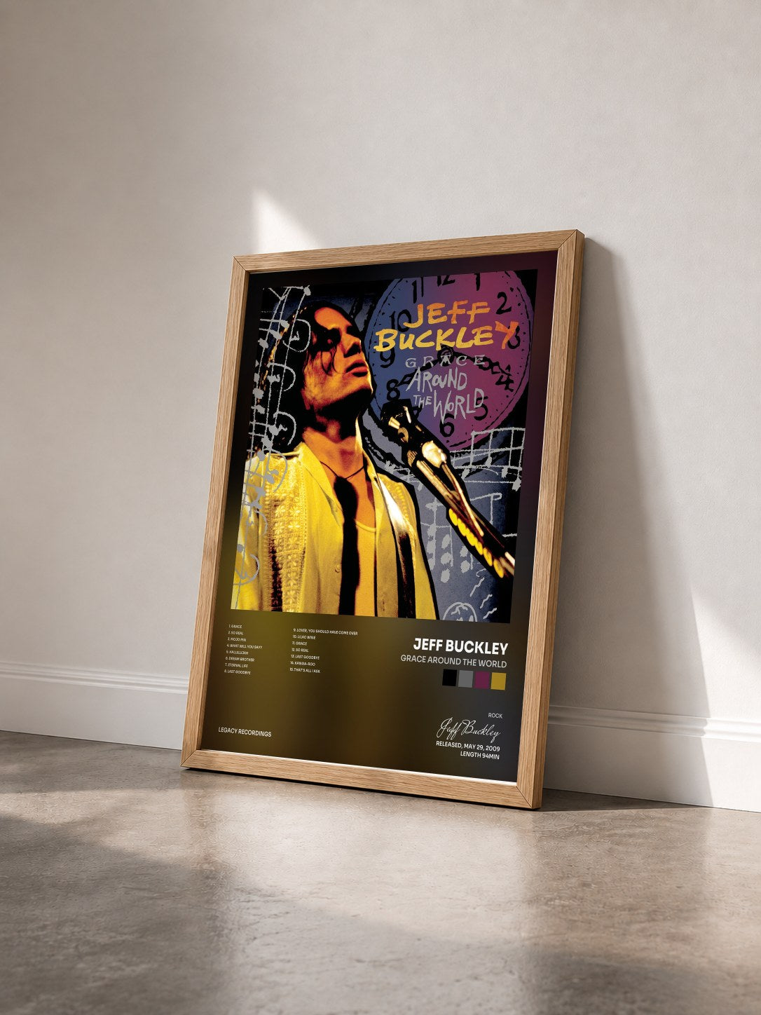 #bois Tableau de l'album Grace Around The World de Jeff Buckley vu de trois quarts, cadre en bois brut