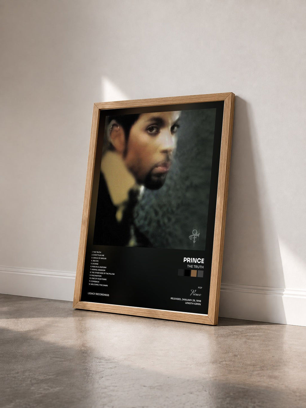 #bois Tableau de l'album The Truth de Prince vu de trois quarts, cadre en bois brut