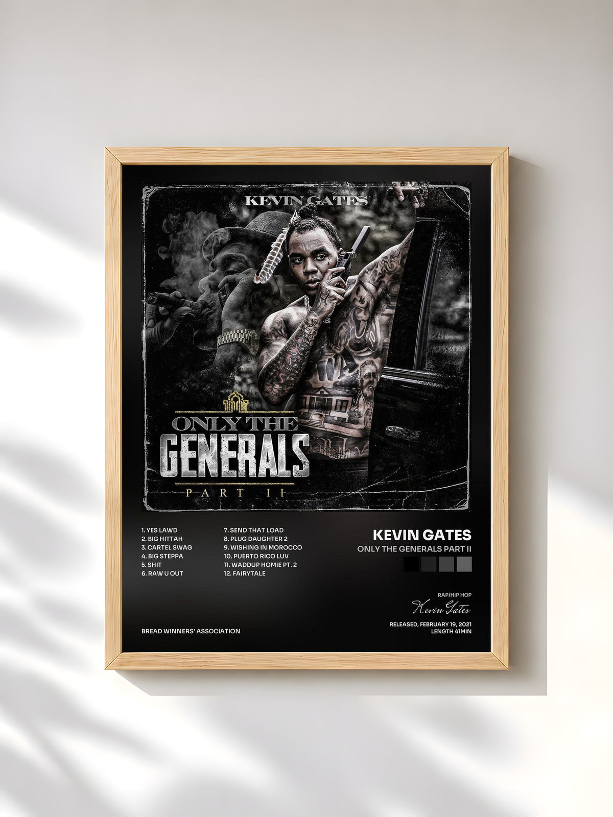 #bois Tableau de l'album Only The Generals Part II de Kevin Gates, cadre en bois brut, imprimé et encadré en France