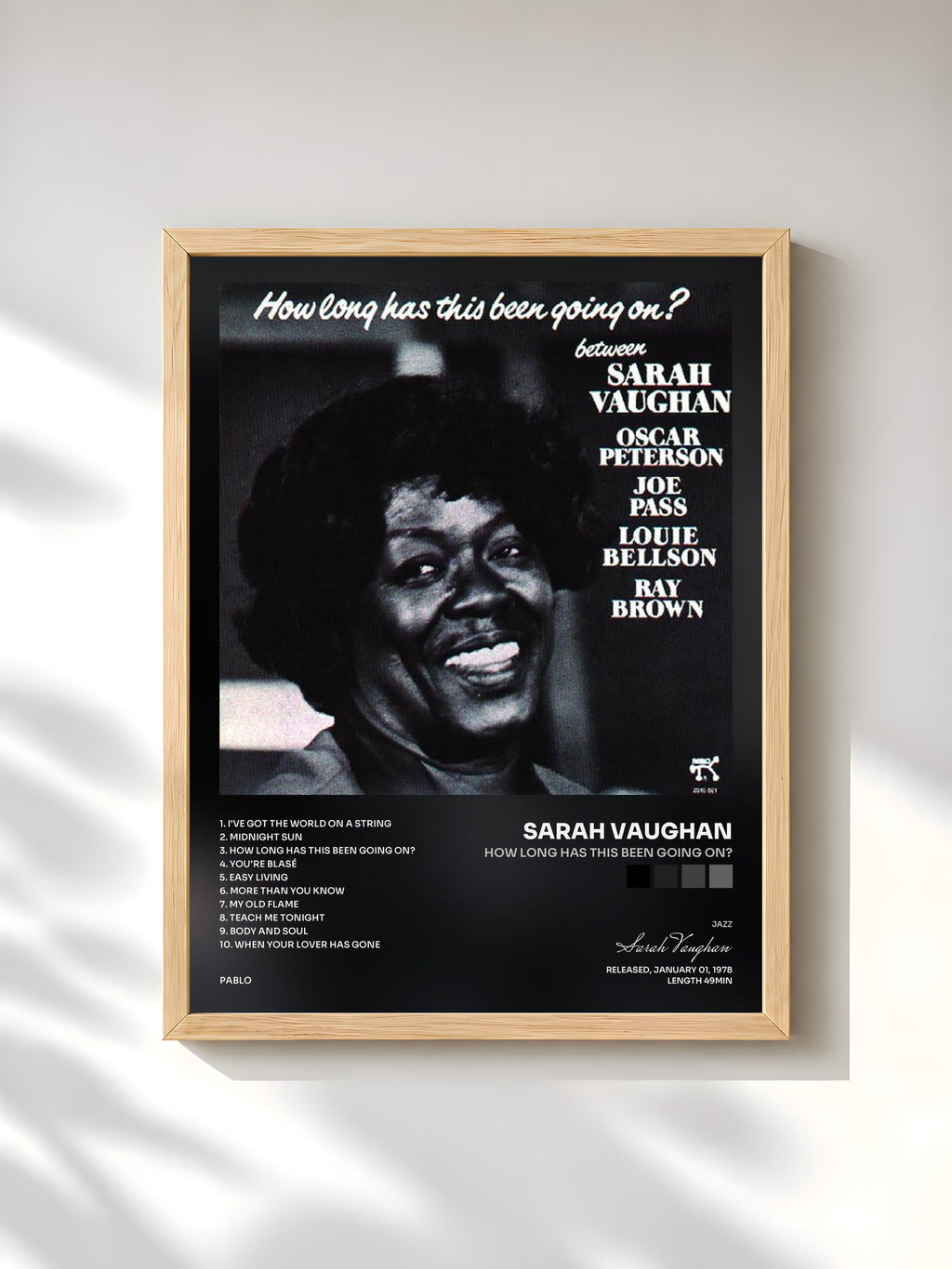 #bois Tableau de l'album How Long Has This Been Going On? de Sarah Vaughan, cadre en bois brut, imprimé et encadré en France