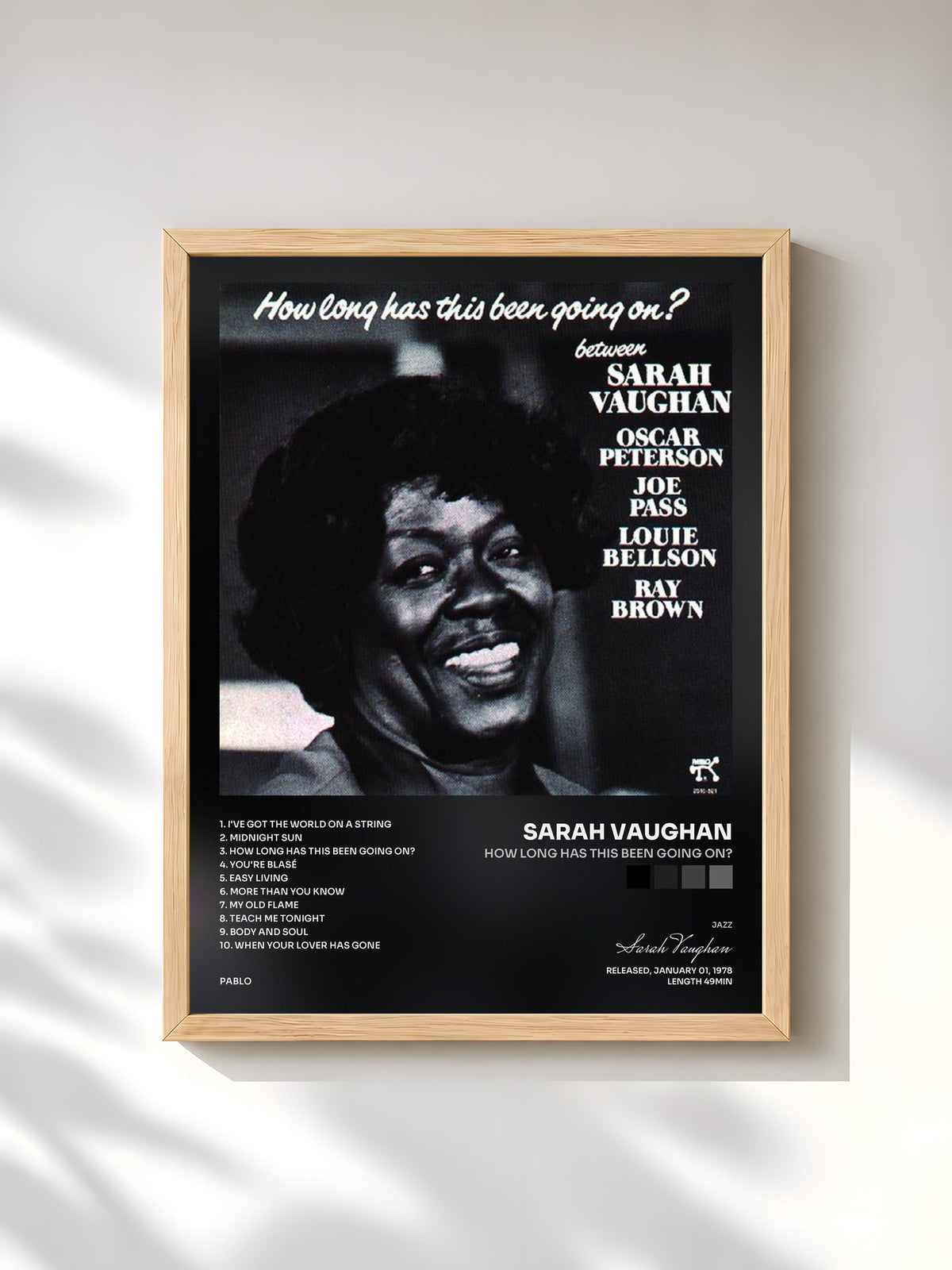 #bois Tableau de l'album How Long Has This Been Going On? de Sarah Vaughan, cadre en bois brut, imprimé et encadré en France