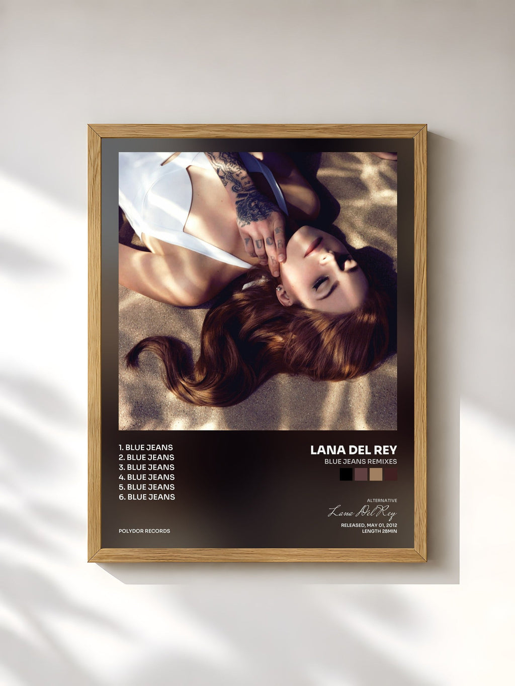 #bois Tableau de l'album Blue Jeans Remixes de Lana Del Rey, cadre en bois brut, imprimé et encadré en France