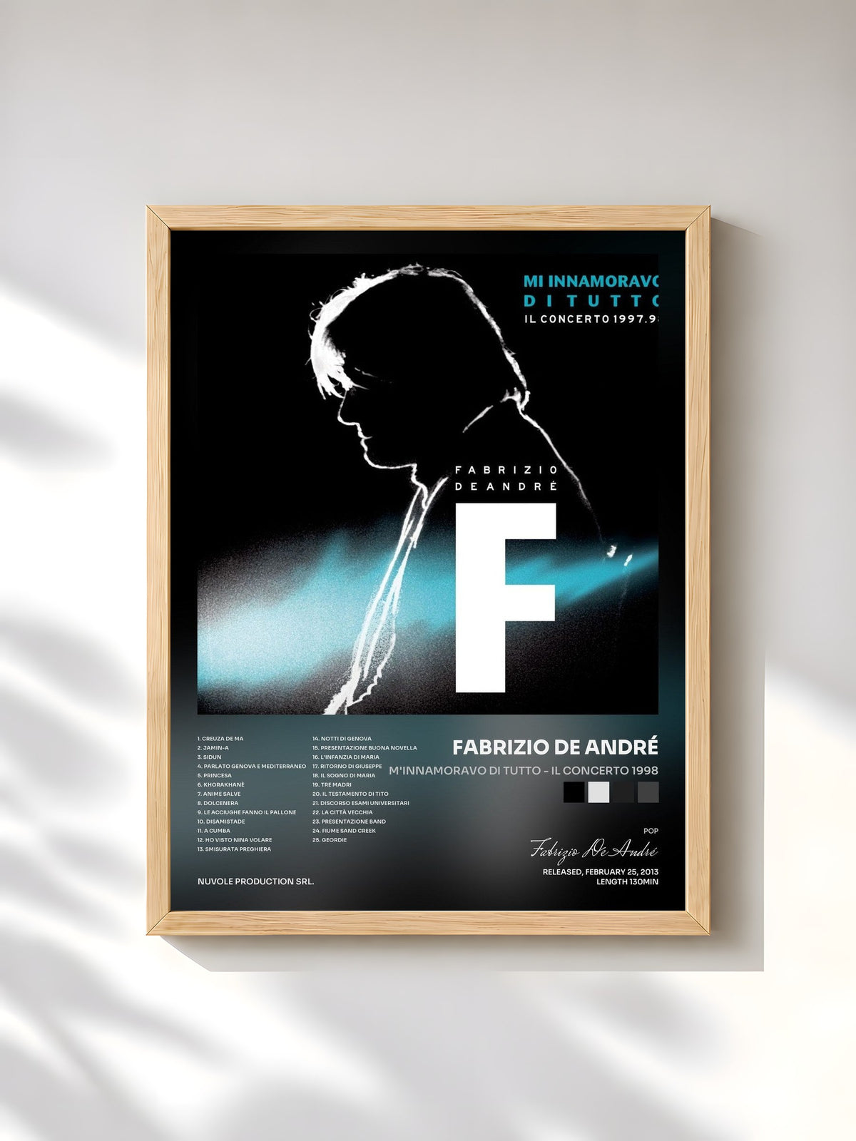 #bois Tableau de l'album M'innamoravo di tutto - Il concerto 1998 de Fabrizio De André, cadre en bois brut, imprimé et encadré en France