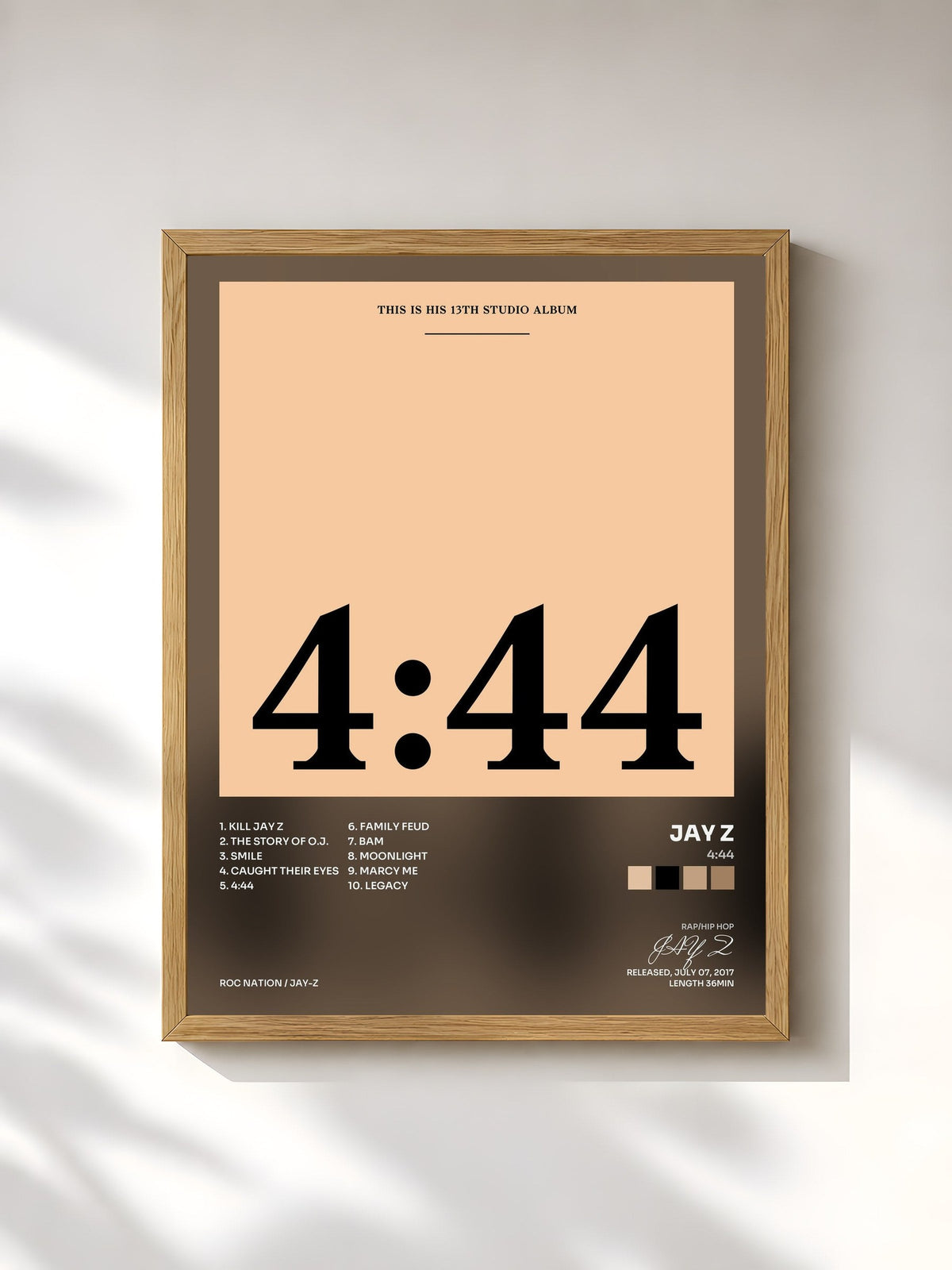 #bois Tableau de l'album 4:44 de JAY Z, cadre en bois brut, imprimé et encadré en France