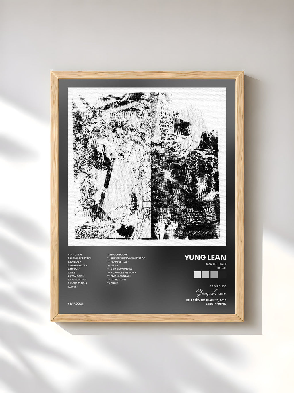 #bois Tableau de l'album Warlord (Deluxe) de Yung Lean, cadre en bois brut, imprimé et encadré en France