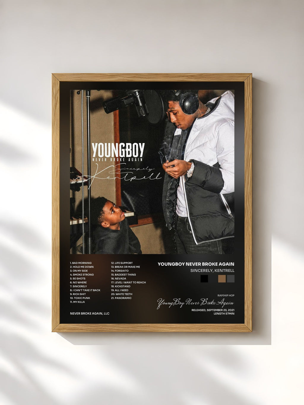 #bois Tableau de l'album Sincerely, Kentrell de YoungBoy Never Broke Again, cadre en bois brut, imprimé et encadré en France