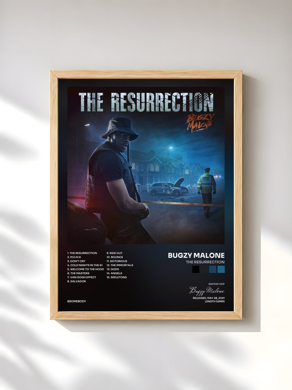 #bois Tableau de l'album The Resurrection de Bugzy Malone, cadre en bois brut, imprimé et encadré en France