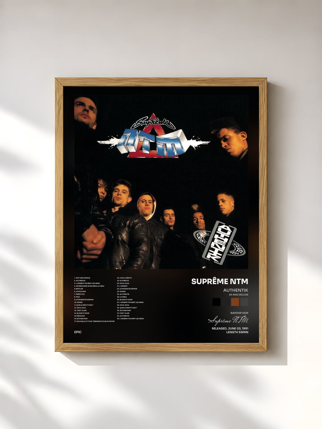 #bois Tableau de l'album Authentik (25 ans Deluxe) de Suprême NTM, cadre en bois brut, imprimé et encadré en France