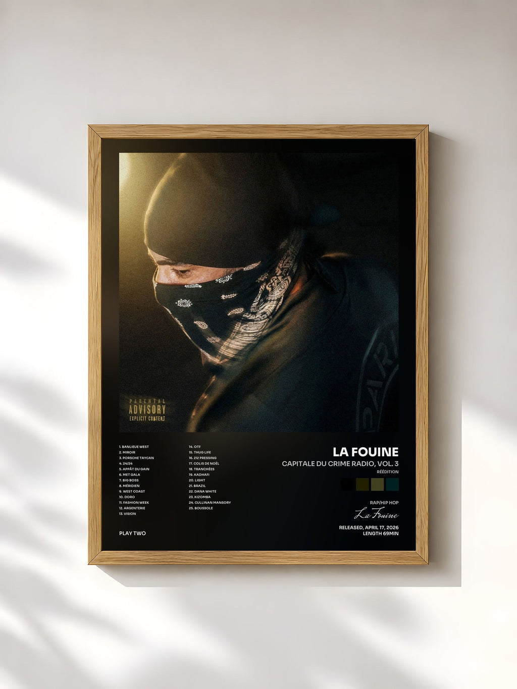 #bois Tableau de l'album CAPITALE DU CRIME RADIO, vol. 3 (Réédition) de La Fouine, cadre en bois brut, imprimé et encadré en France