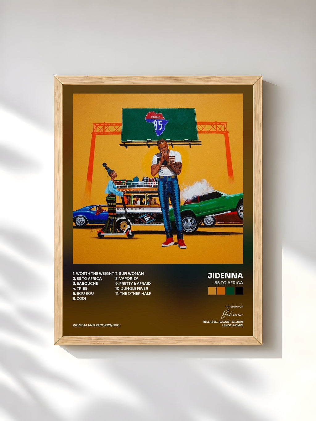 #bois Tableau de l'album 85 to Africa de Jidenna, cadre en bois brut, imprimé et encadré en France