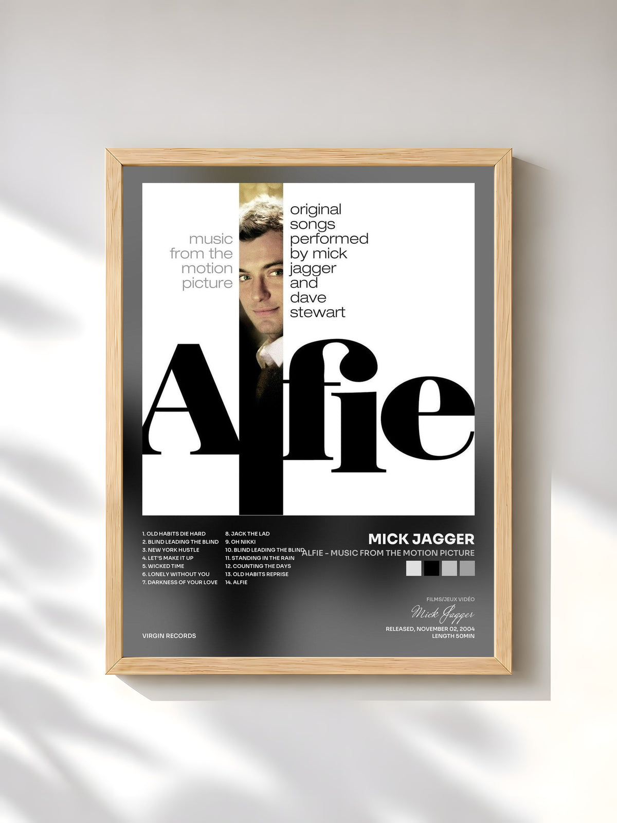 #bois Tableau de l'album Alfie - Music From The Motion Picture de Mick Jagger, cadre en bois brut, imprimé et encadré en France