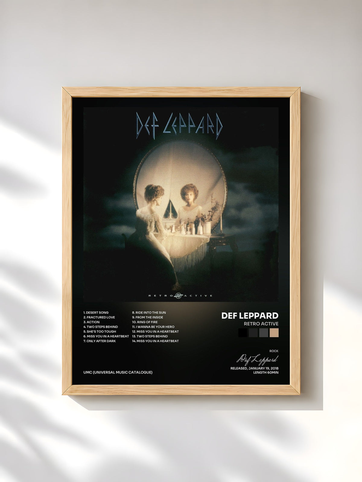 #bois Tableau de l'album Retro Active de Def Leppard, cadre en bois brut, imprimé et encadré en France