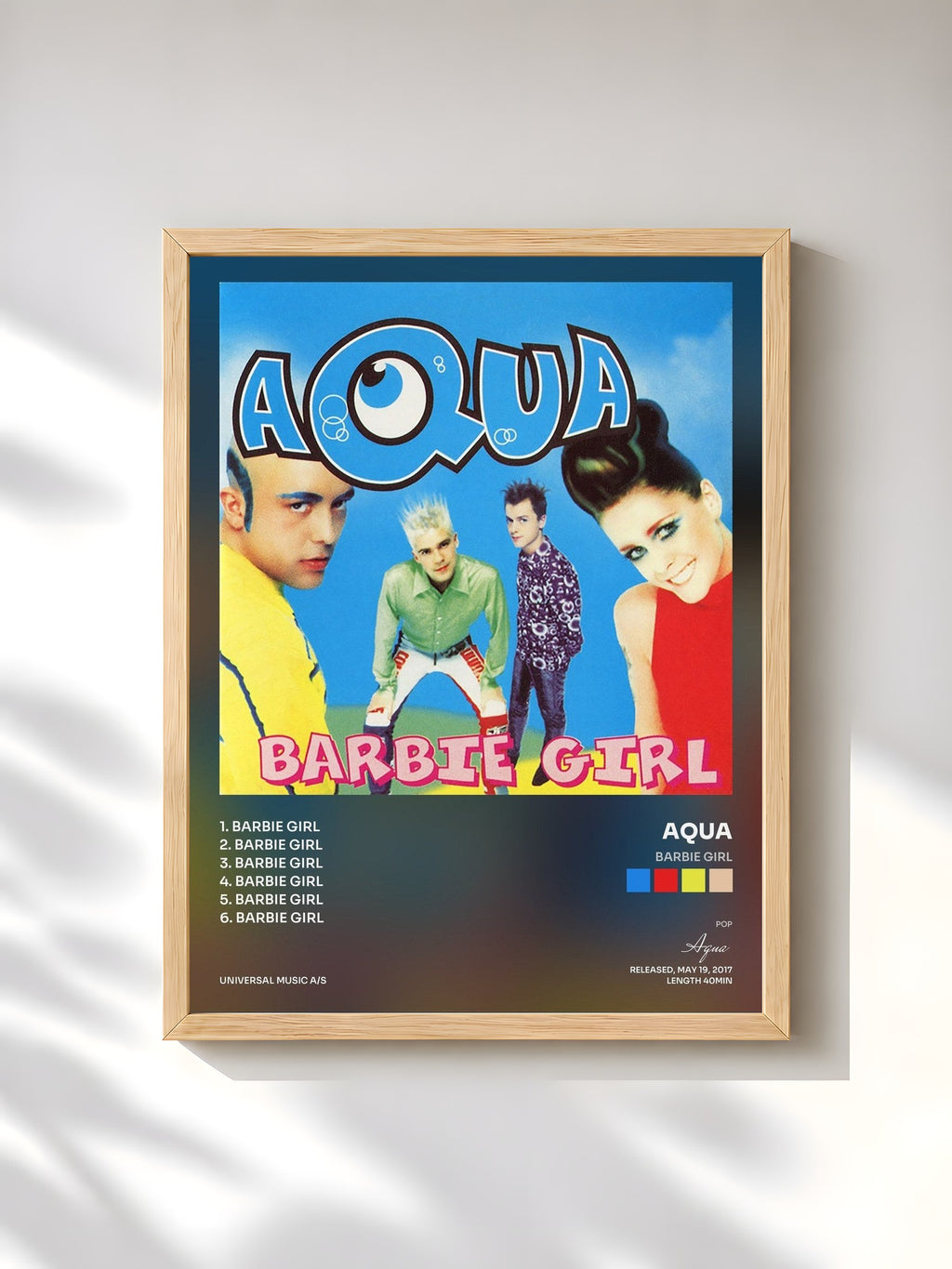 #bois Tableau de l'album Barbie Girl de Aqua, cadre en bois brut, imprimé et encadré en France