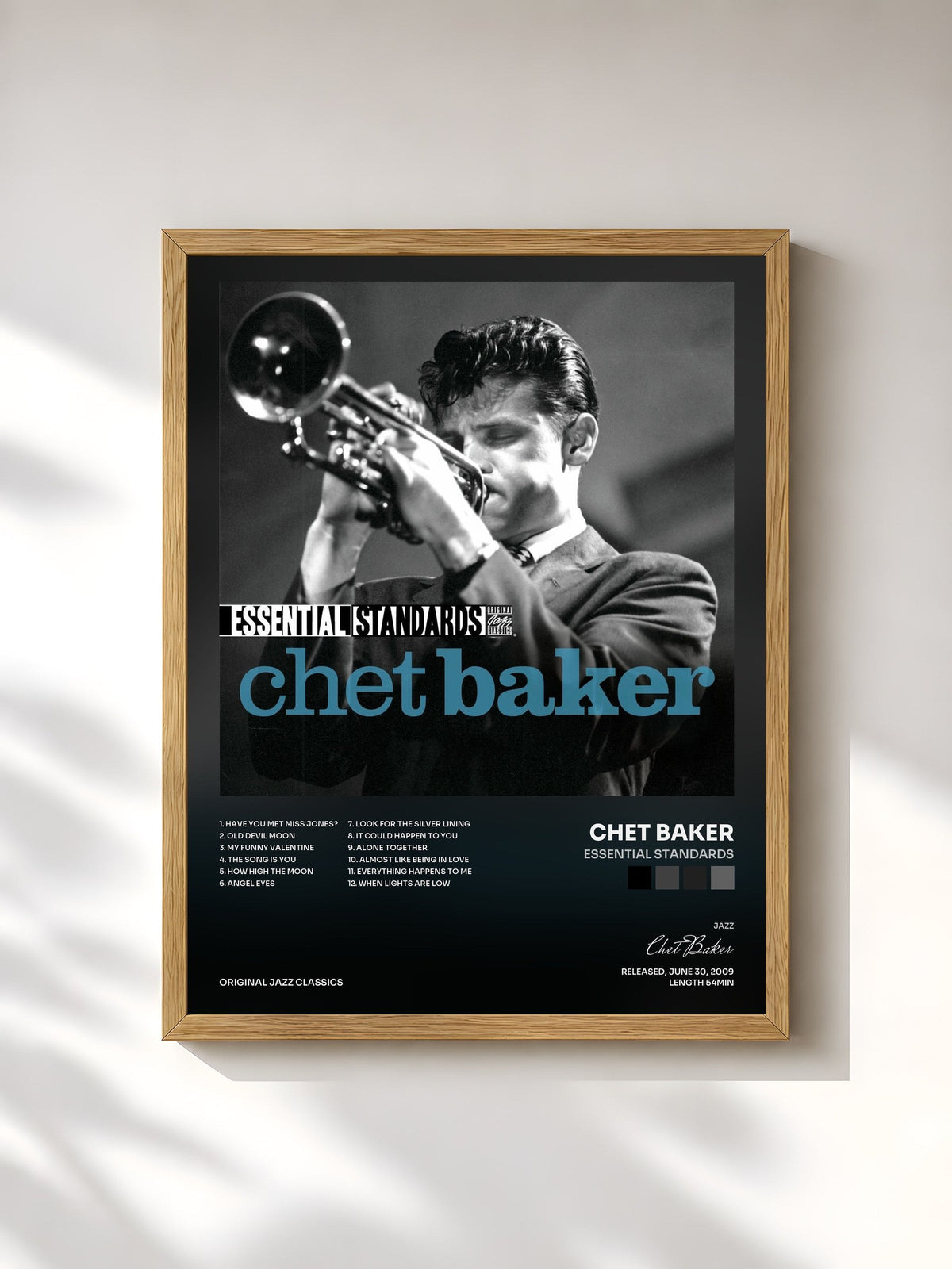 #bois Tableau de l'album Essential Standards de Chet Baker, cadre en bois brut, imprimé et encadré en France