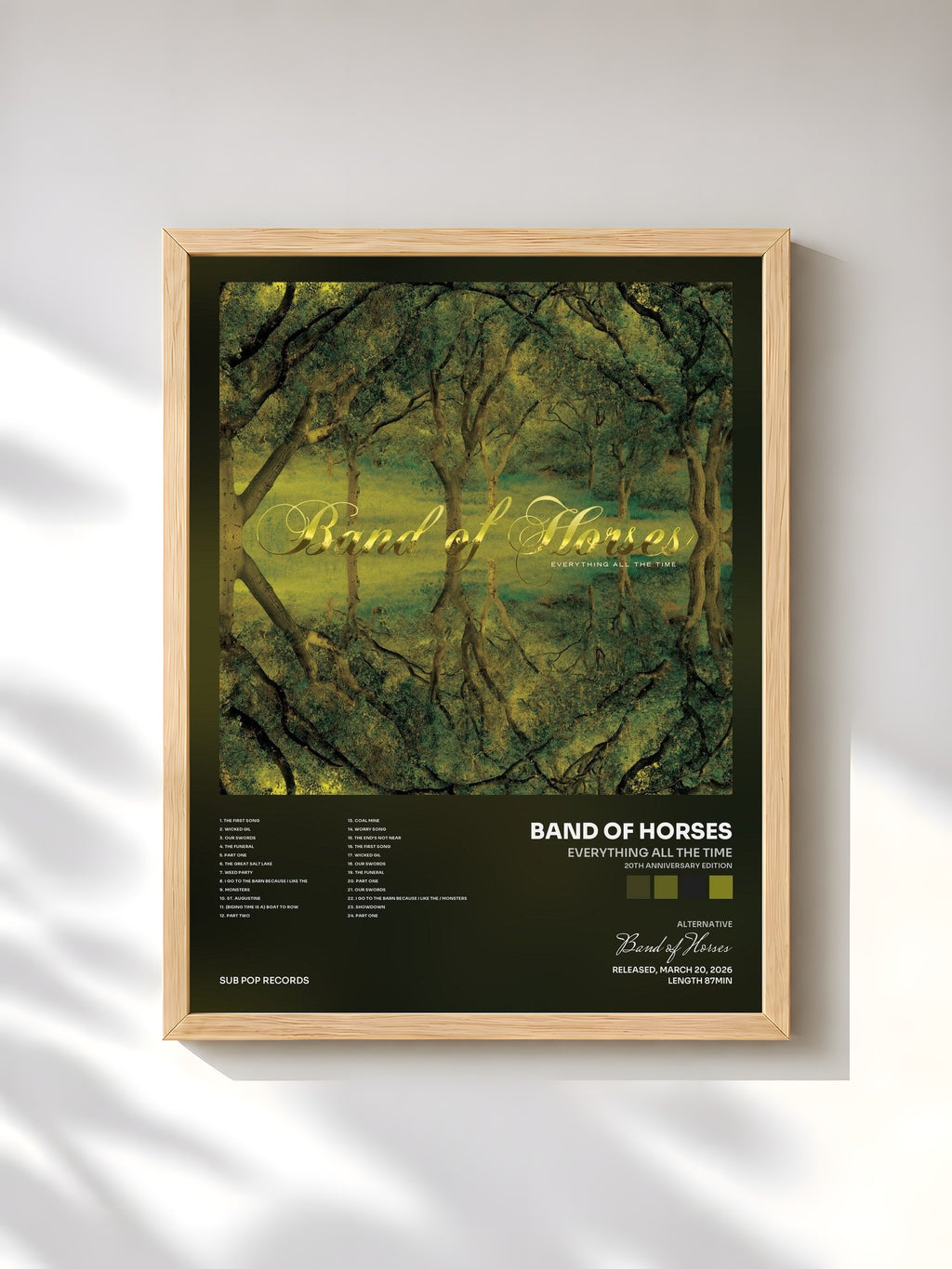 #bois Tableau de l'album Everything All The Time (20th Anniversary Edition) de Band of Horses, cadre en bois brut, imprimé et encadré en France