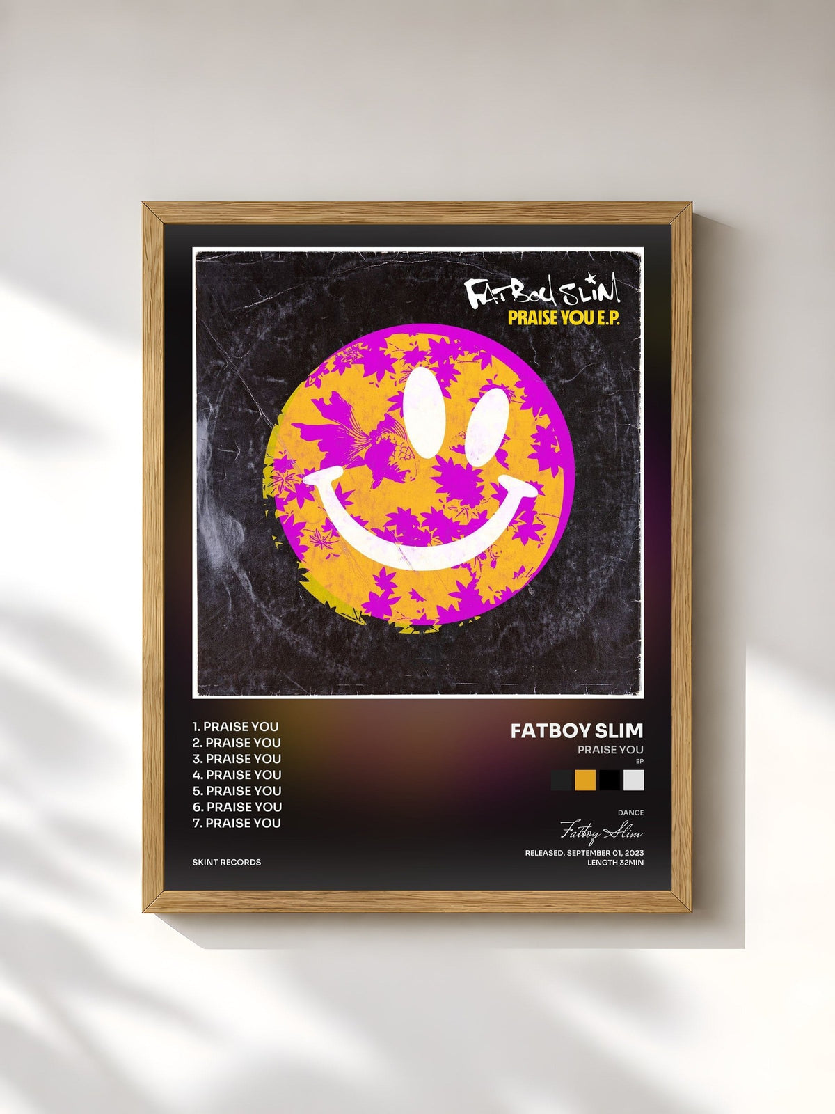 #bois Tableau de l'album Praise You (EP) de Fatboy Slim, cadre en bois brut, imprimé et encadré en France