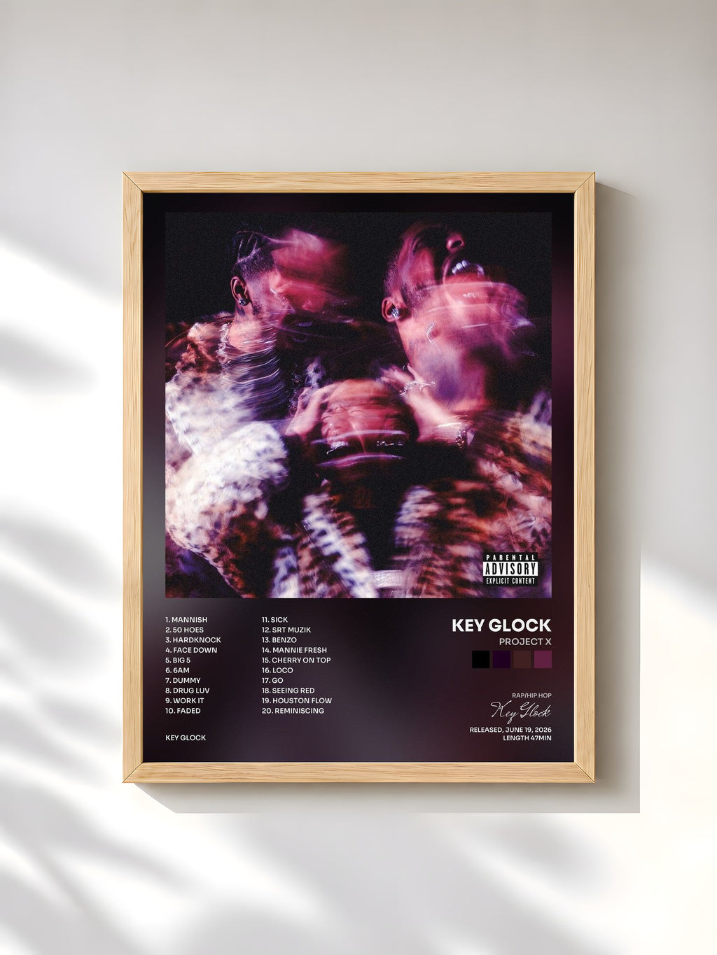 #bois Tableau de l'album PROJECT X de Key Glock, cadre en bois brut, imprimé et encadré en France