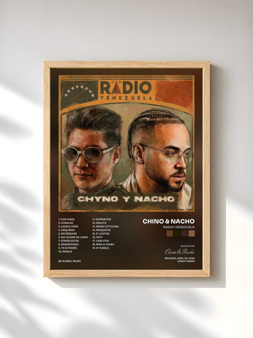 #bois Tableau de l'album RADIO VENEZUELA de Chino & Nacho, cadre en bois brut, imprimé et encadré en France