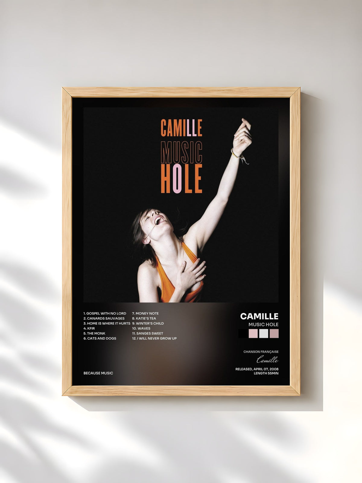 #bois Tableau de l'album Music Hole de Camille, cadre en bois brut, imprimé et encadré en France