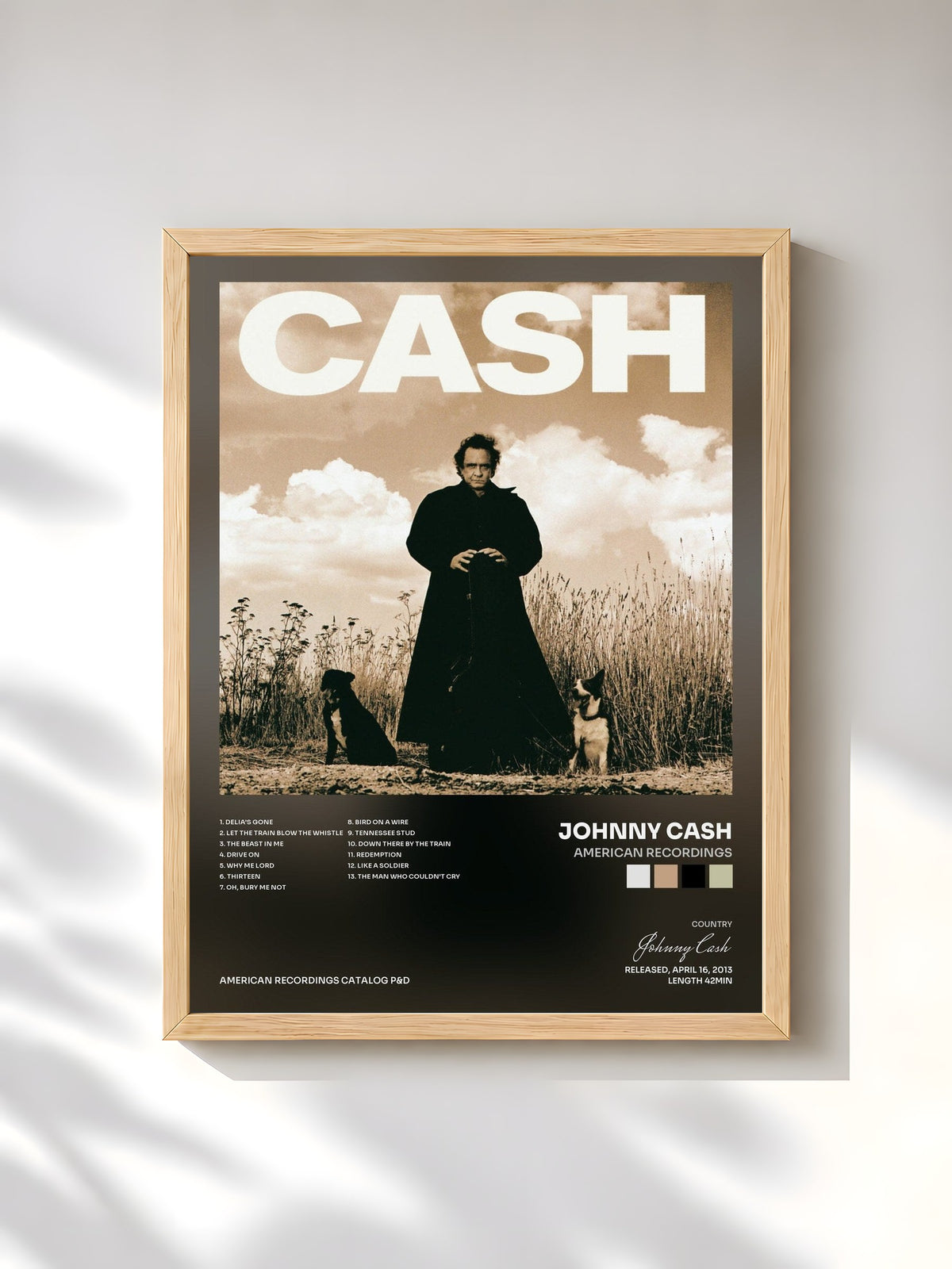 #bois Tableau de l'album American Recordings de Johnny Cash, cadre en bois brut, imprimé et encadré en France