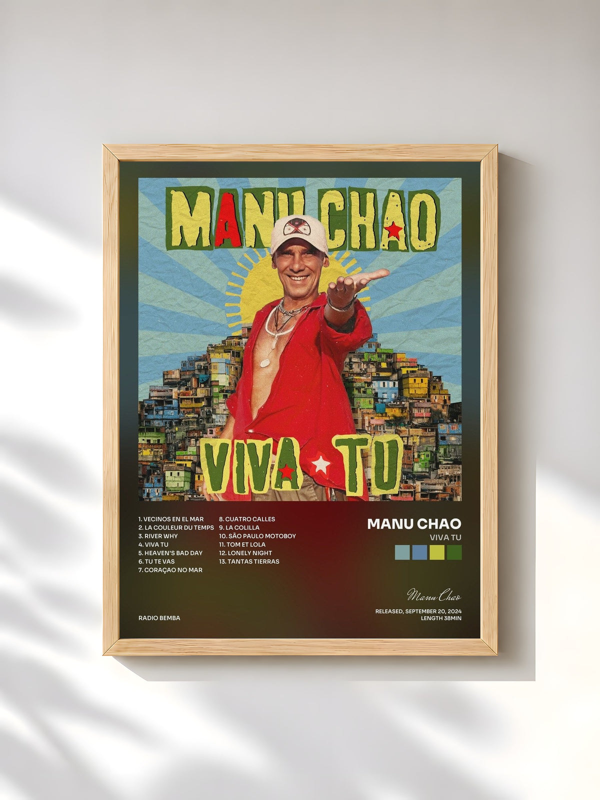 #bois Tableau de l'album Viva Tu de Manu Chao, cadre en bois brut, imprimé et encadré en France