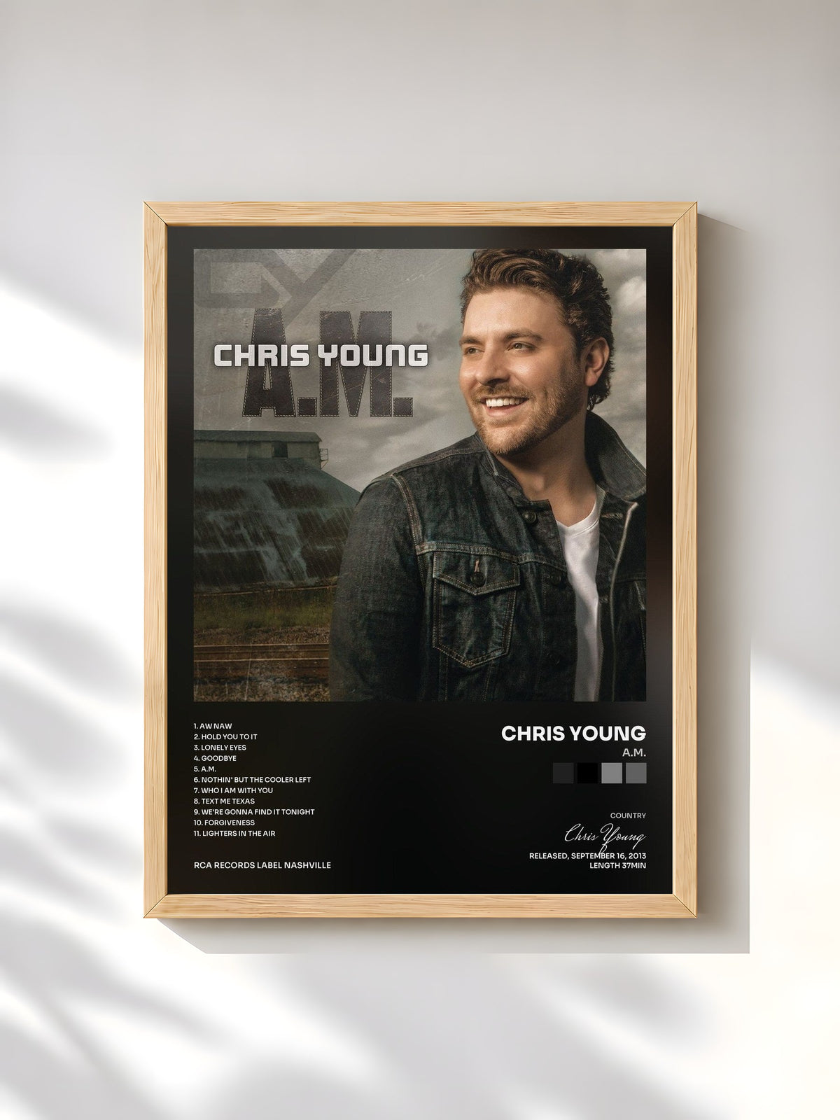 #bois Tableau de l'album A.M. de Chris Young, cadre en bois brut, imprimé et encadré en France