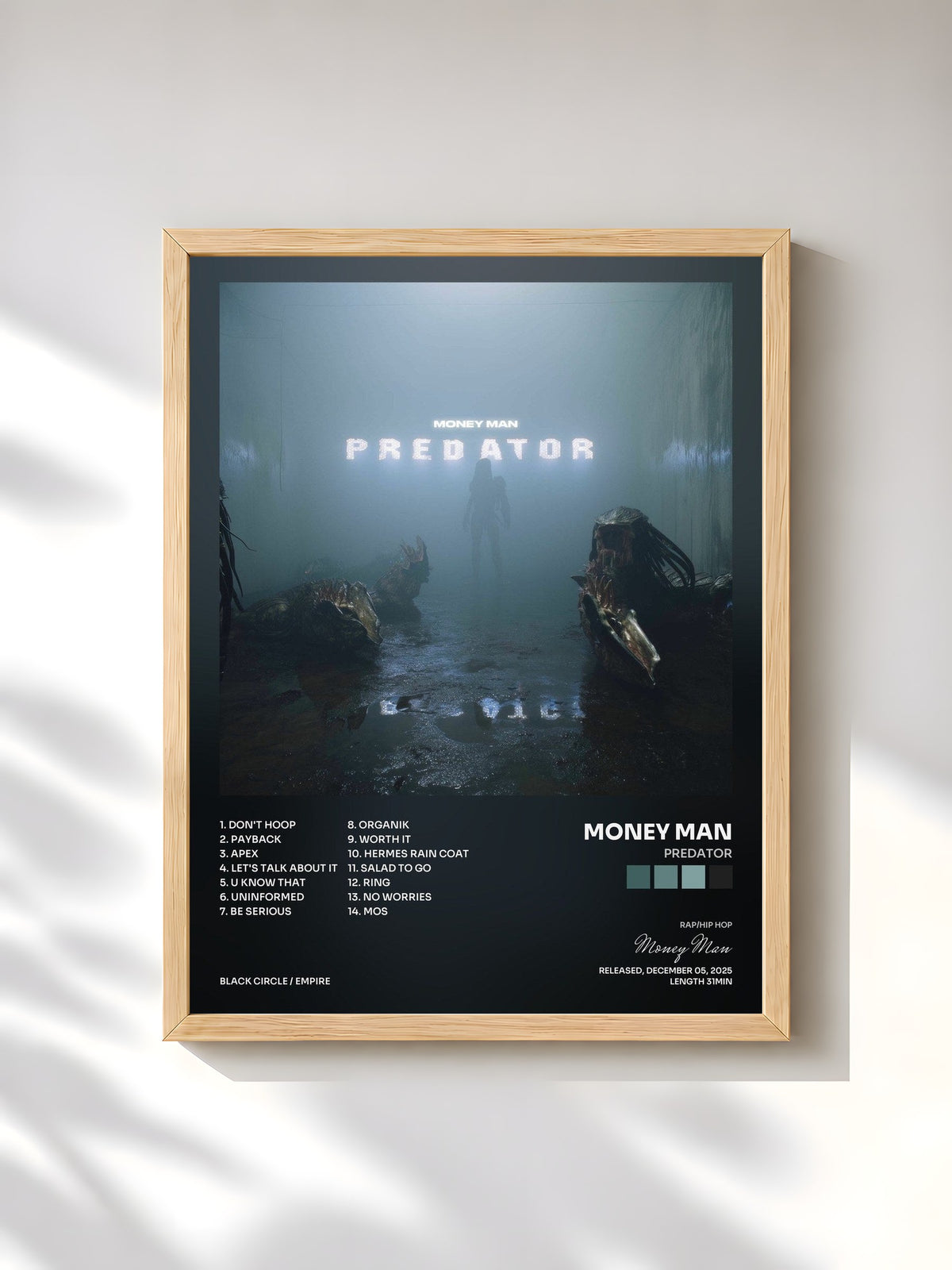 #bois Tableau de l'album Predator de Money Man, cadre en bois brut, imprimé et encadré en France