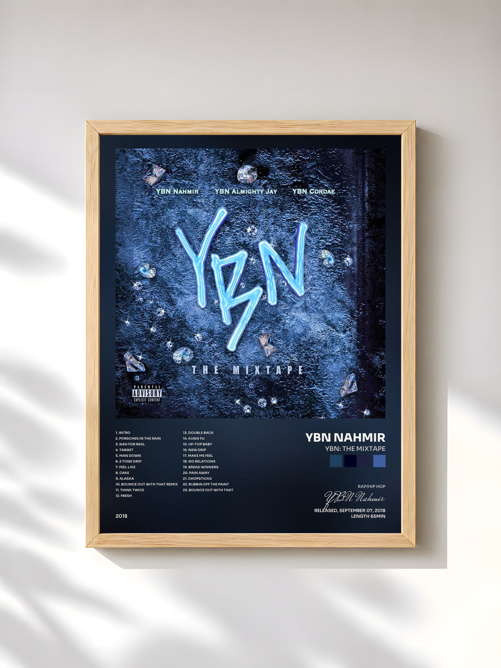 #bois Tableau de l'album YBN: The Mixtape de YBN Nahmir, cadre en bois brut, imprimé et encadré en France