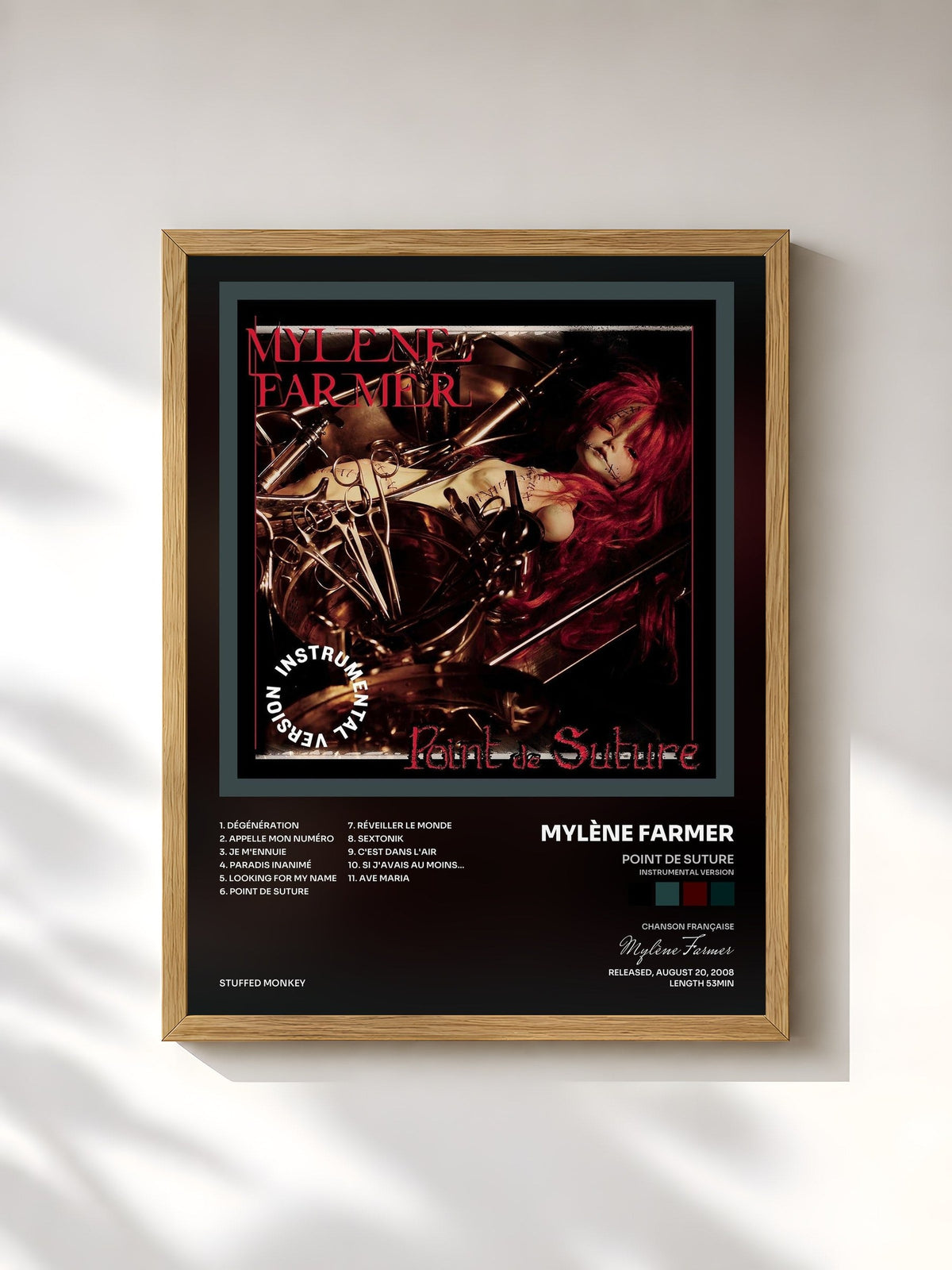 #bois Tableau de l'album Point de suture (Instrumental Version) de Mylène Farmer, cadre en bois brut, imprimé et encadré en France