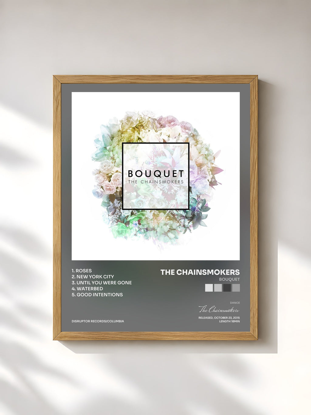 #bois Tableau de l'album Bouquet de The Chainsmokers, cadre en bois brut, imprimé et encadré en France