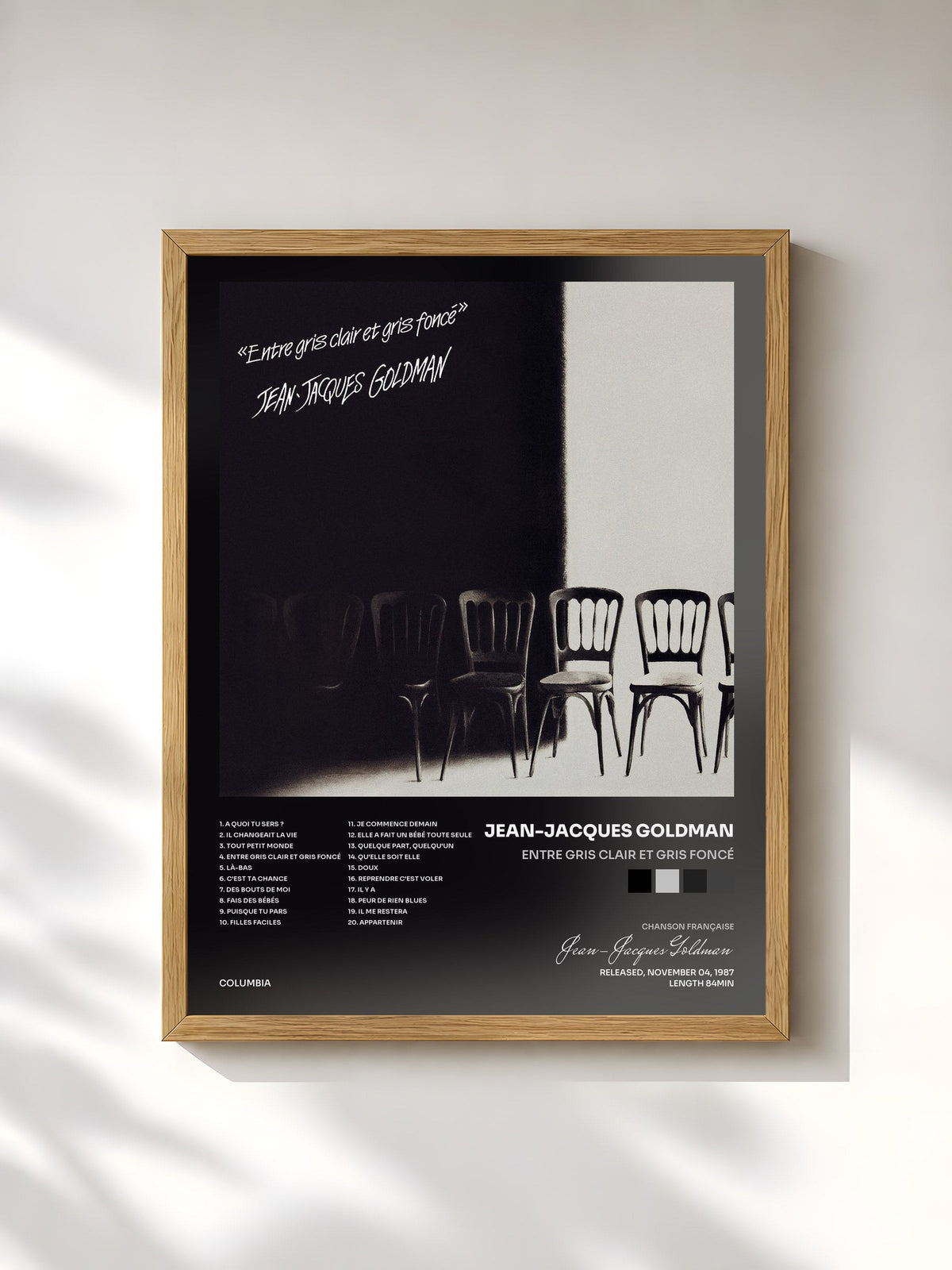 #bois Tableau de l'album Entre gris clair et gris foncé de Jean-Jacques Goldman, cadre en bois brut, imprimé et encadré en France
