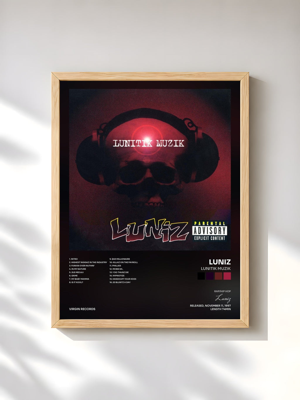 #bois Tableau de l'album Lunitik Muzik de Luniz, cadre en bois brut, imprimé et encadré en France